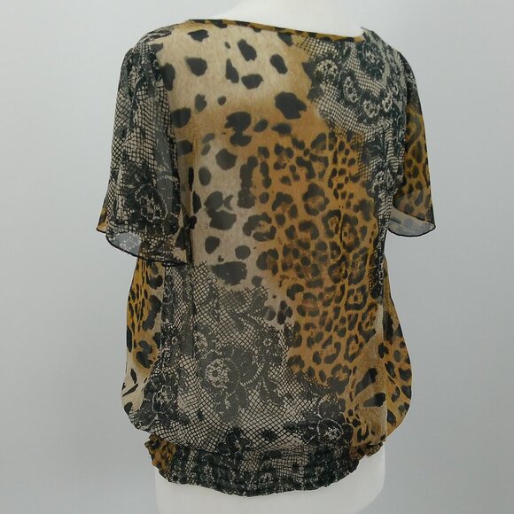 Vtg New York City Design Co Sheer Top Size S Leopard Lace Print Ruffle Tie Front - Picture 7 of 10